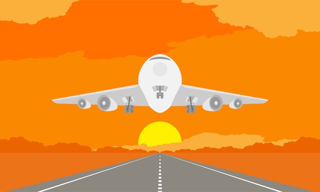 Vetor aeronave ou pouso de avião ou decolagem na pista no pôr do sol