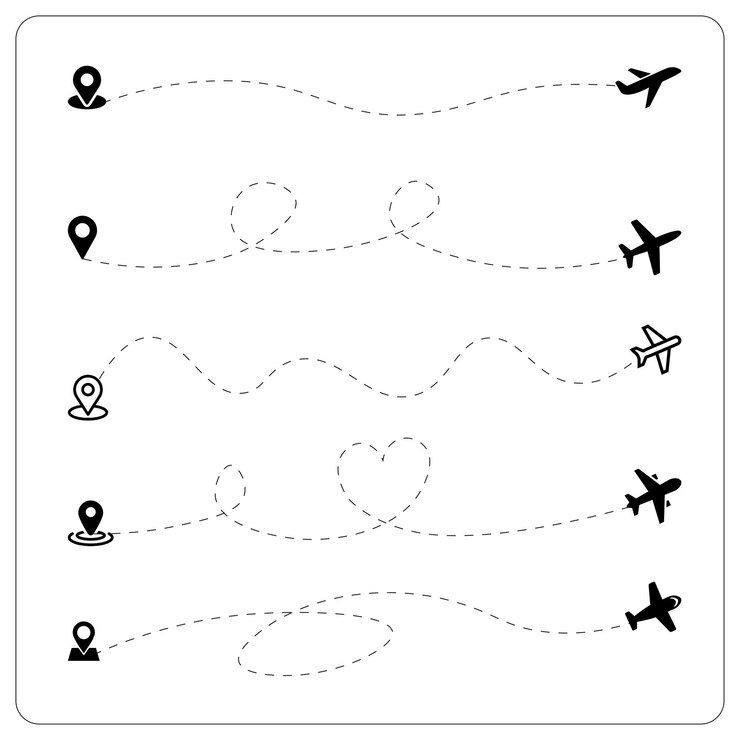 Vetor aeronaves abstratas voando em fundo branco rota de avião em forma de linha pontilhada