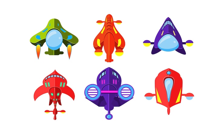 Vetor aeronaves de fantasia coloridas definem ativos de naves espaciais de aviões para interface de usuário gui para aplicativos móveis ou videogames vetor ilustração isolada em um fundo branco