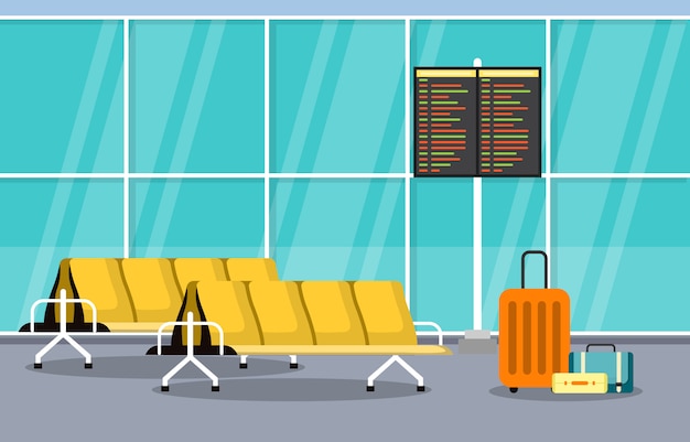 Aeroporto avião terminal portão sala espera salão interior ilustração plana