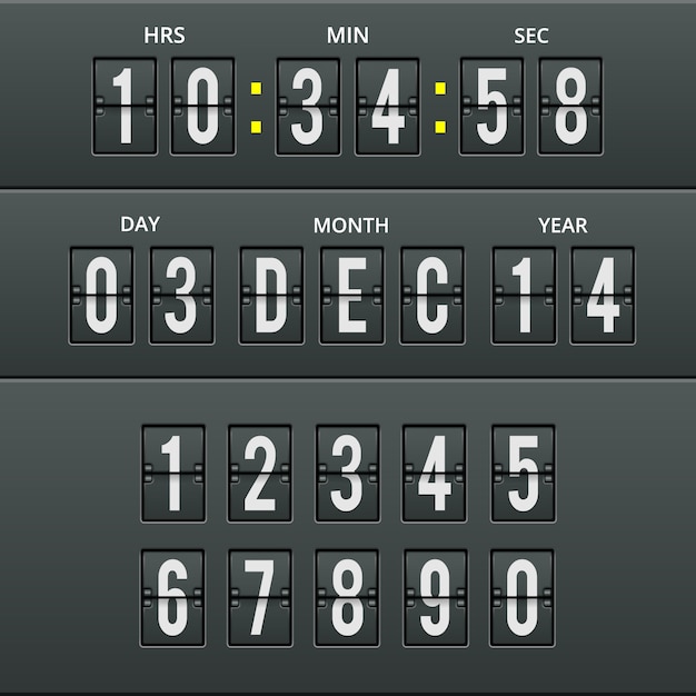 Vetor aeroporto de caracteres e números no calendário e relógio com números definidos. ilustração para chegadas e contagem regressiva.