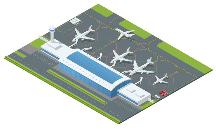 Aeroporto isométrico com muitos aviões - avião a jato de passageiros estacionado em uma rampa de embarque