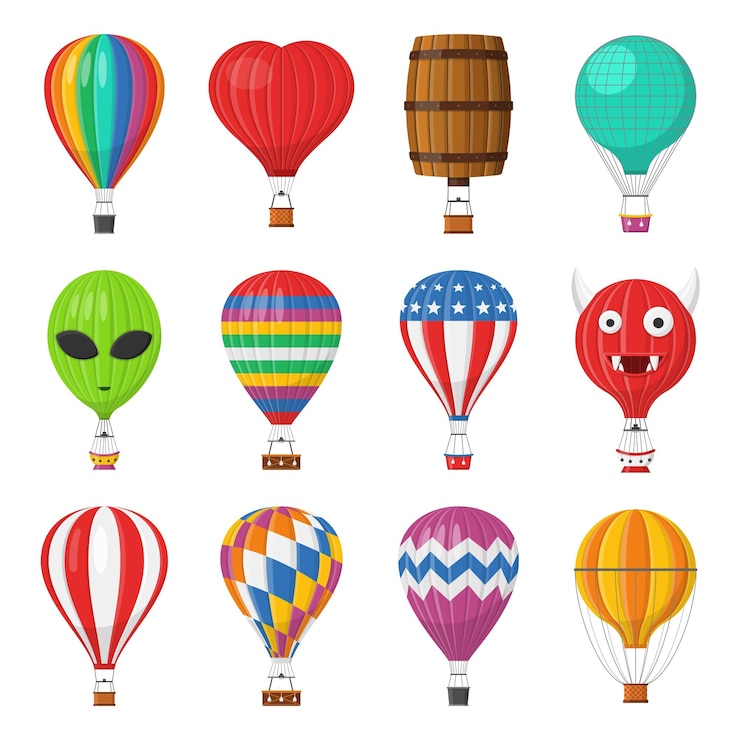 Vetor aerostat transporte de balão com conjunto de cestas balão de ar de desenho animado de diferentes formas