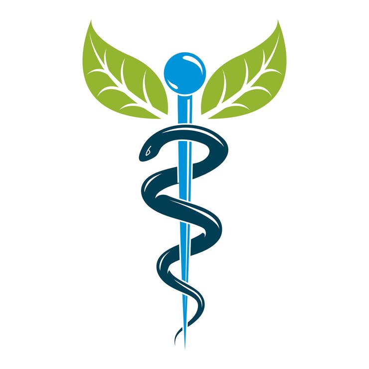 Vetor aesculapius ilustração vetorial abstrata criada usando cobras e folhas verdes, símbolo do caduceu. estilo de vida saudável é coração forte.