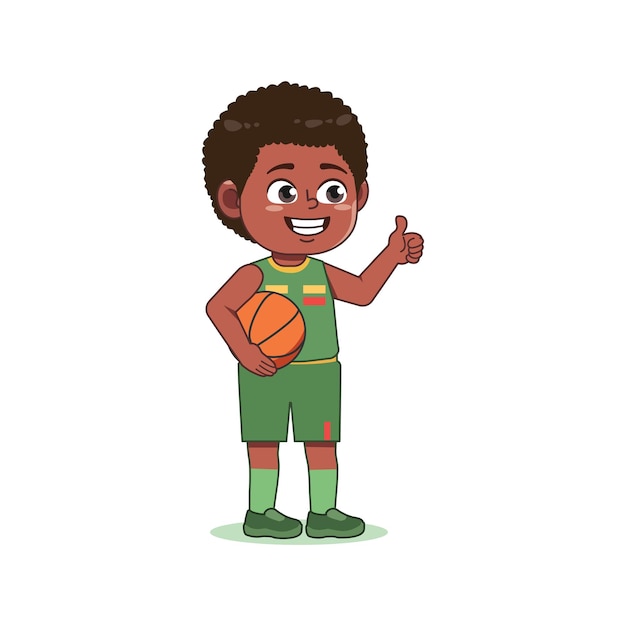 Afro-Americano Cartoon Cute Little Boy Jogando Basquete Thumb Up Like
