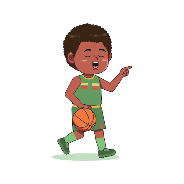 Afro-americano Cute Little Boy Cartoon jogando basquete apontando mão Dribble