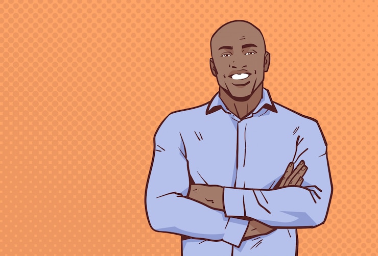 Vetor afro-americano empresário dobrado mãos pose homem de negócios sorriso masculino cartoon