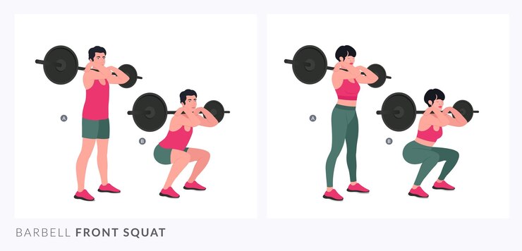 Vetor agachamento frontal com barra, condicionamento físico masculino e feminino, aeróbico e exercícios.