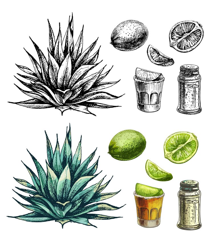 Vetor agave azul de cacto e tequila de vidro com fatia de vetor de limão ilustração em cores de eclosião vintage
