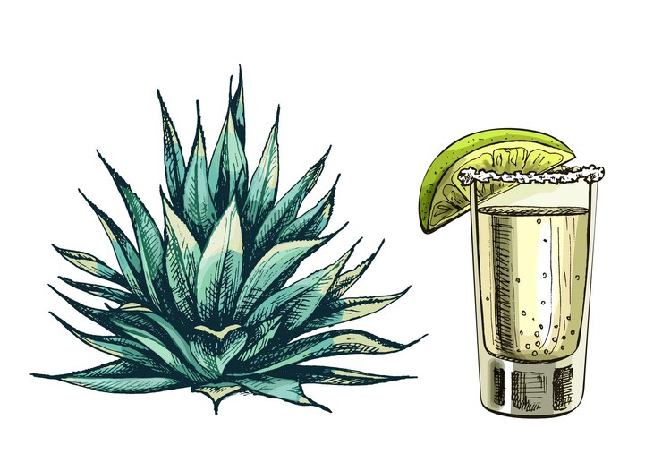 Vetor agave de cacto azul e tequila de vidro com uma fatia de limão. ilustração em vetor vintage cor para incubação. isolado em um fundo branco.