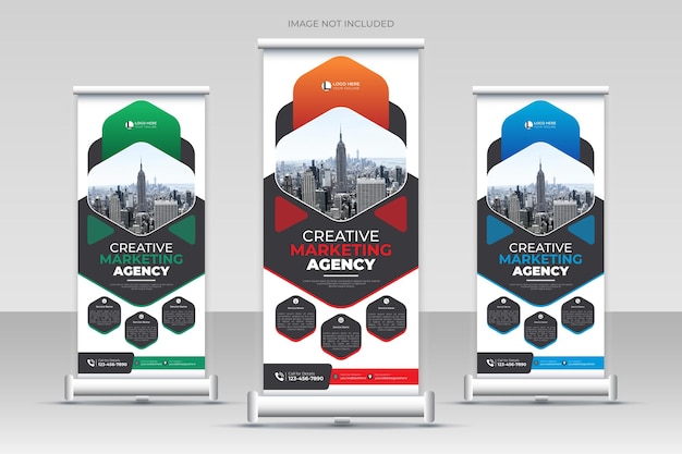 Vetor agência de marketing criativo roll up banner e design de modelo de banner de solução de marketing de negócios.