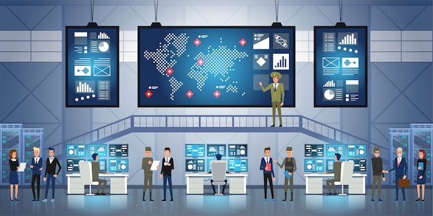 Agência de Vigilância Governamental e Operação Militar Conjunta. Pessoas e militares trabalhando no System Control Center.