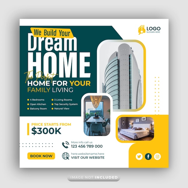 Agência imobiliária anunciando mídia social banner flyer quadrado modelo casa de sonho para venda cartaz