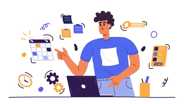 Vetor agenda planejamento ilustração personagem na moda planejando seu dia conceito de lista de verificação personagens planejando tarefas de trabalho preenchendo lista de verificação fazendo cronograma usando calendário vetor ilustração conceito