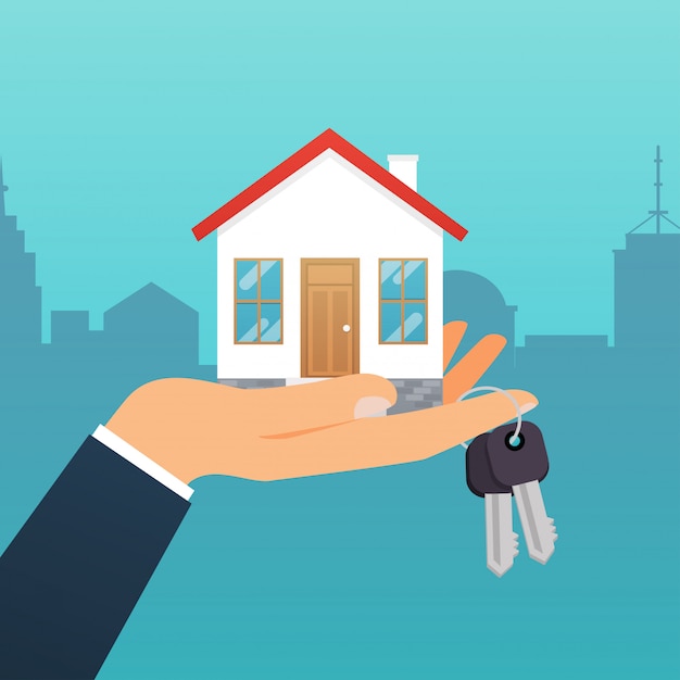 Agente imobiliário detém a chave da casa. Oferta de casa de compra, aluguel de imóveis. conceito de ilustração moderna.