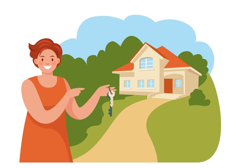 Vetor agente imobiliário mulher bonita mostra uma casa nova entrega chaves