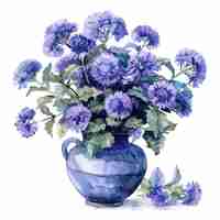 Vetor ageratum flowers in vase set aquarela isolada em fundo branco