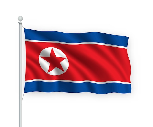 Agitando a bandeira da Coreia do Norte no mastro isolado no branco