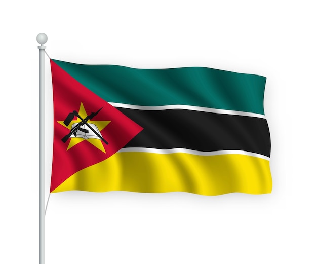 agitando a bandeira de Moçambique no mastro isolado no branco