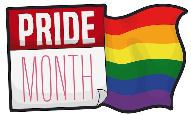 Agitando a bandeira do arco-íris e calendário promovendo o mês do orgulho