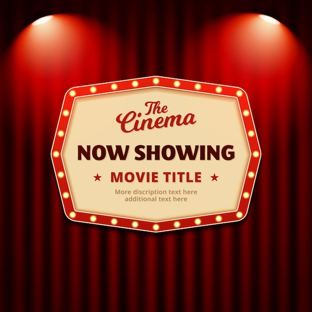 Agora mostrando o filme no design de cartaz de cinema. sinal de outdoor retrô com holofotes e fundo de cortina de teatro