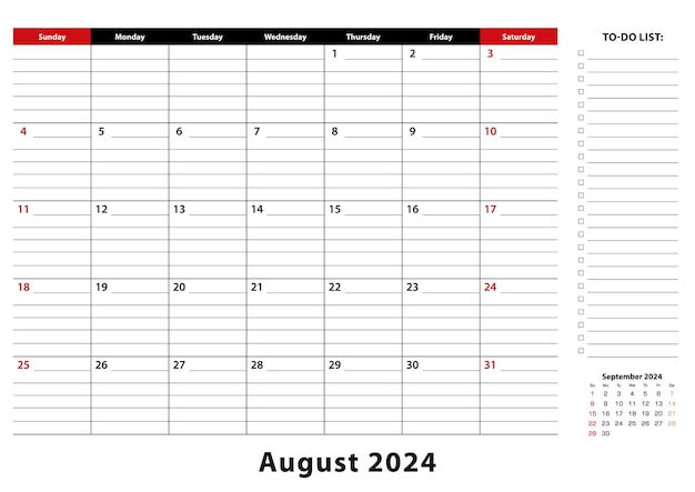 Vetor agosto de 2024 calendário mensal de mesa a semana começa no domingo tamanho a3