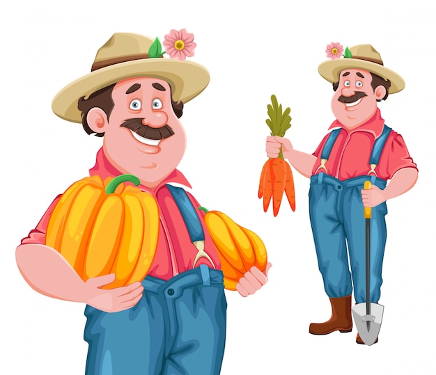 Vetor agricultor alegre, conjunto de duas poses