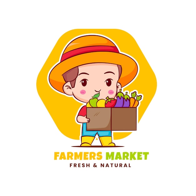 Agricultor bonito segurando cesta com legumes personagem de desenho animado chibi ilustração de arte vetorial