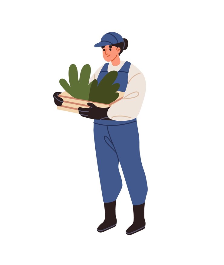 Vetor agricultor carrega um pote com brotos para plantar no cultivo de sementes trabalhador agrícola segura mudas de jardim mulher trabalha se preocupa com a plantação ilustração de vetor isolado plano em branco