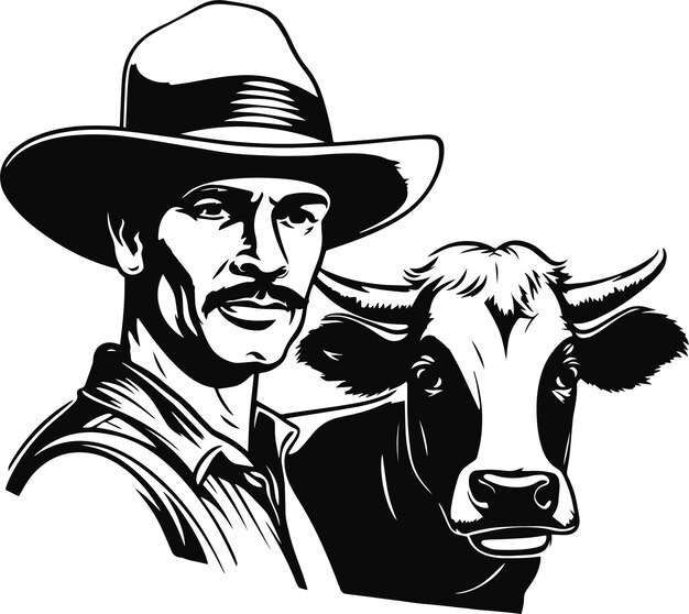 Vetor agricultor com chapéu e vaca homem e vaca ilustração vetorial do logotipo da fazenda