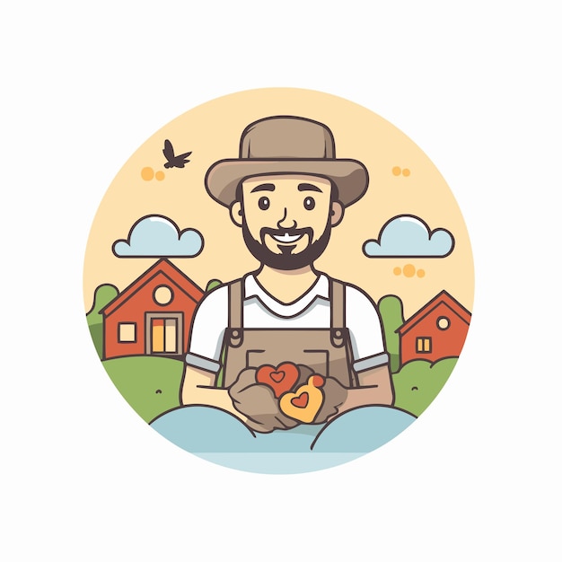 Agricultor com coração na mão ilustração vetorial em estilo de desenho animado