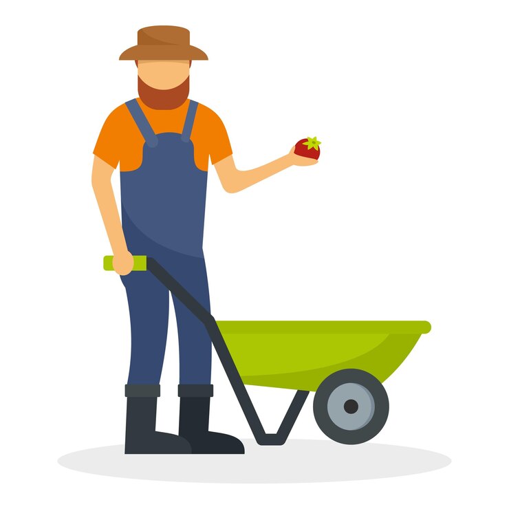 Vetor agricultor com ícone de carrinho de mão ilustração plana de fazendeiro com ícone vetorial de carro de mão para design web