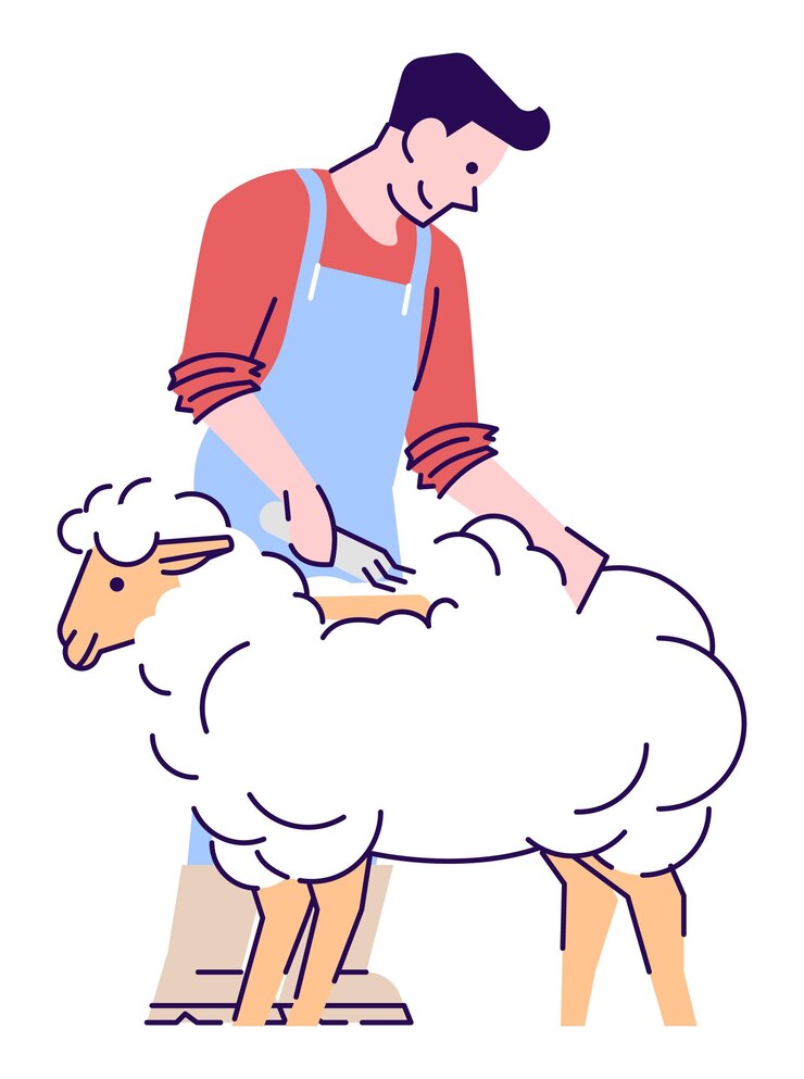 Vetor agricultor com ilustração vetorial de cor rgb semi plana de cordeiro. criador de gado masculino cortando ovelhas personagem de desenho animado isolado em fundo branco