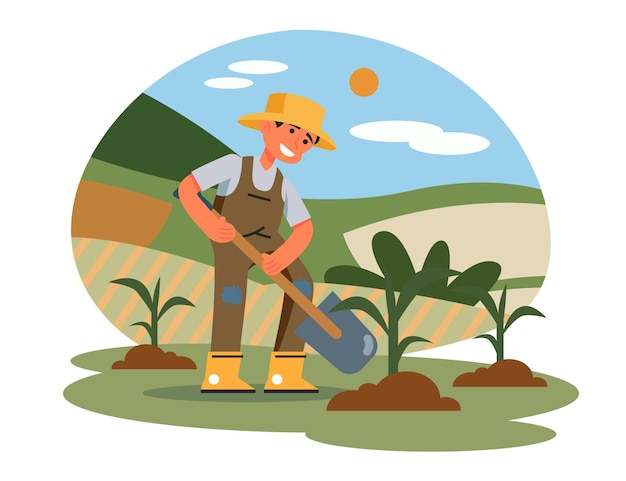 Vetor agricultor com pá e cavando o chão plantando brotos de milho