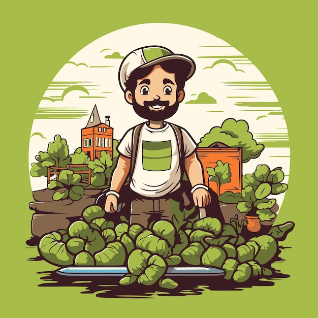 Agricultor com vegetais no jardim ilustração vetorial estilo de desenho animado