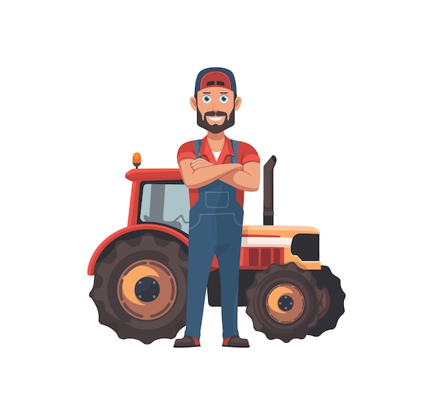 Agricultor de desenho animado confiante com chapéu vermelho e macacão de pé com os braços cruzados perto do trator