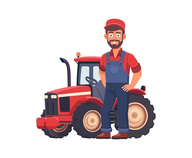 Agricultor de desenho animado sorridente de camisa vermelha e macacão de fato de pé orgulhosamente ao lado de um trator vermelho