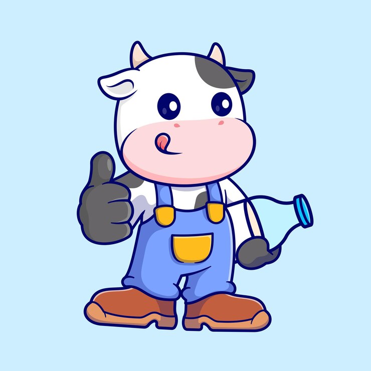 Vetor agricultor de vaca bonito segurando a ilustração de ícone de desenho de garrafa de leite vetorial. ícone de bebida animal isolado