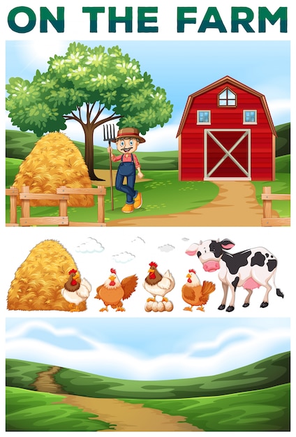 Agricultor e animais na ilustração da fazenda