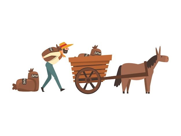 Vetor agricultor em chapéu de palha carregando sacos de café em carrinho de burro ilustração vetorial da fase de produção da indústria do café em fundo branco
