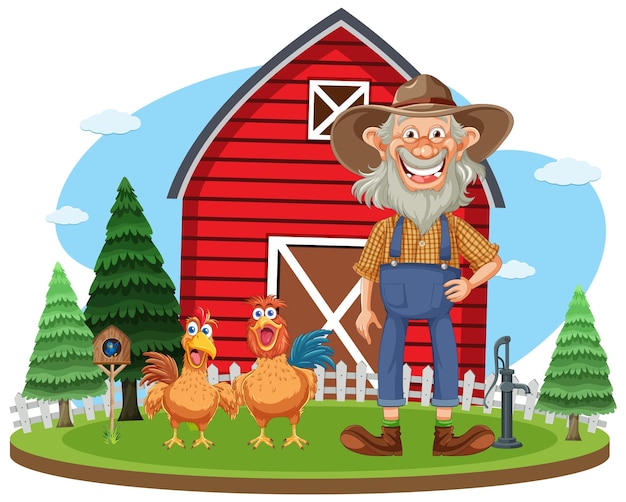 Agricultor feliz com galinhas no celeiro