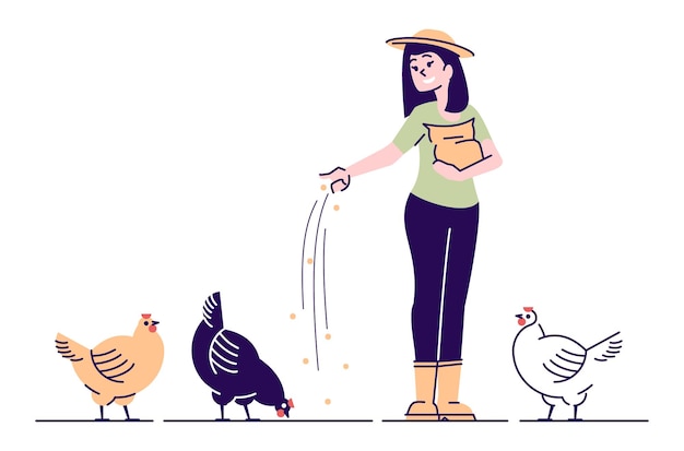 Agricultor feminino alimentando galinhas personagem de vetor plana. conceito de desenho animado de fazenda de quintal de aves domésticas com contorno. mulher rural alimentando galinhas com grãos. criação de aves, galinheiros, agricultura orgânica de aves