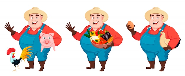 Agricultor gordo, engenheiro agrônomo, conjunto de três poses