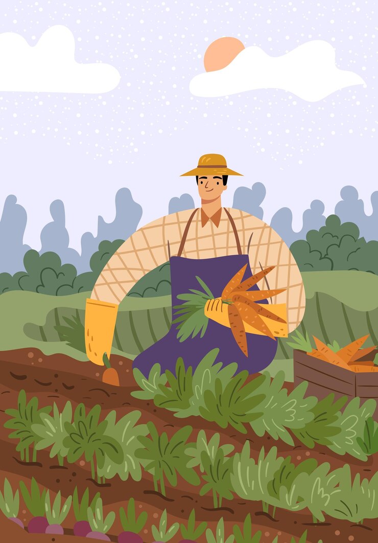 Agricultor masculino colhendo cenouras no campo para vender