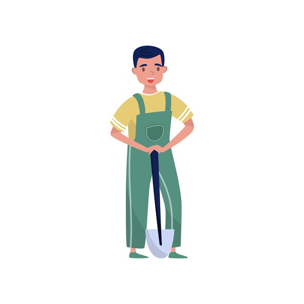 Agricultor masculino em pé com pá eco amigável pessoas conceito proteção e preservação do meio ambiente vector a ilustração sobre um fundo branco