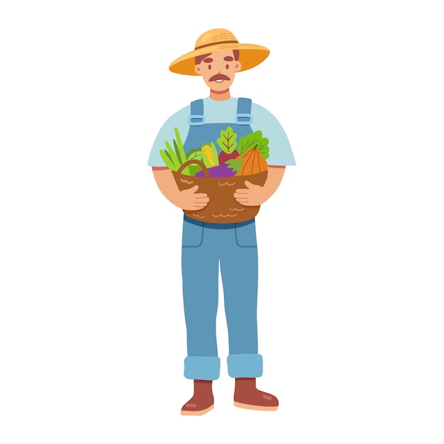 Agricultor masculino segurando cesta com legumes ilustração vetorial em estilo simples, isolado no branco