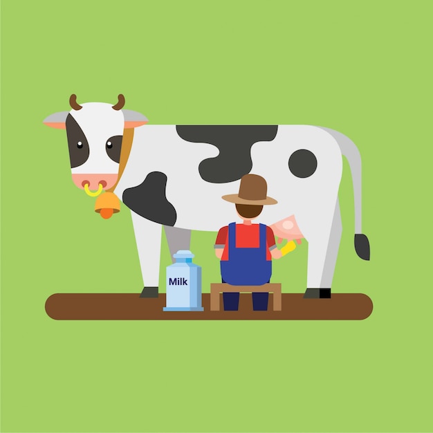 Agricultor ordenha vaca, leite fresco pode ilustração plana