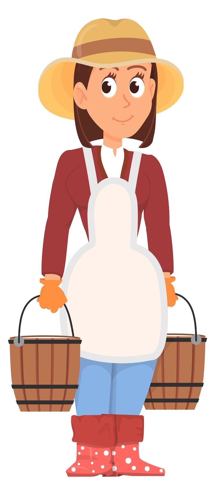 Vetor agricultor segura baldes de água mulher de desenho animado jardinagem