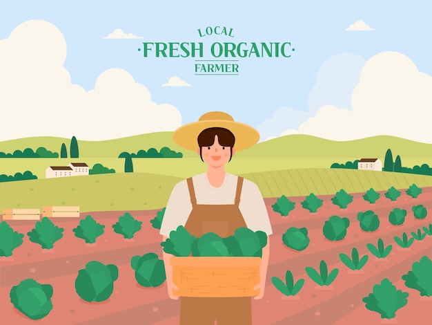 Agricultor segurando uma cesta de repolho fresco no campo Ilustração vetorial