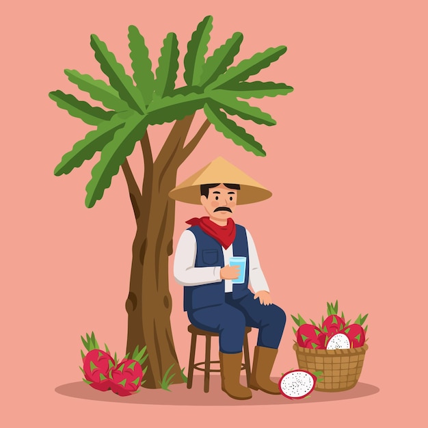 Agricultor sentado com frutas de dragão sob a árvore